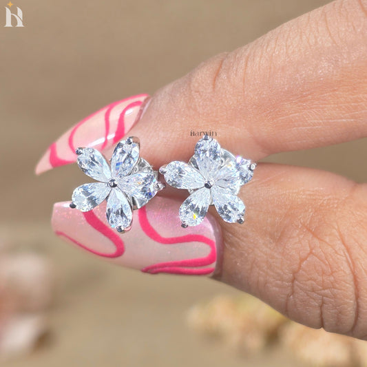 Pear Cut Diamond Moissanite Flower Studs, Bridal Jewelry Gift for Her