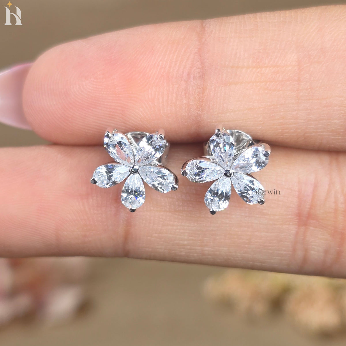 Pear Cut Diamond Moissanite Flower Studs, Bridal Jewelry Gift for Her