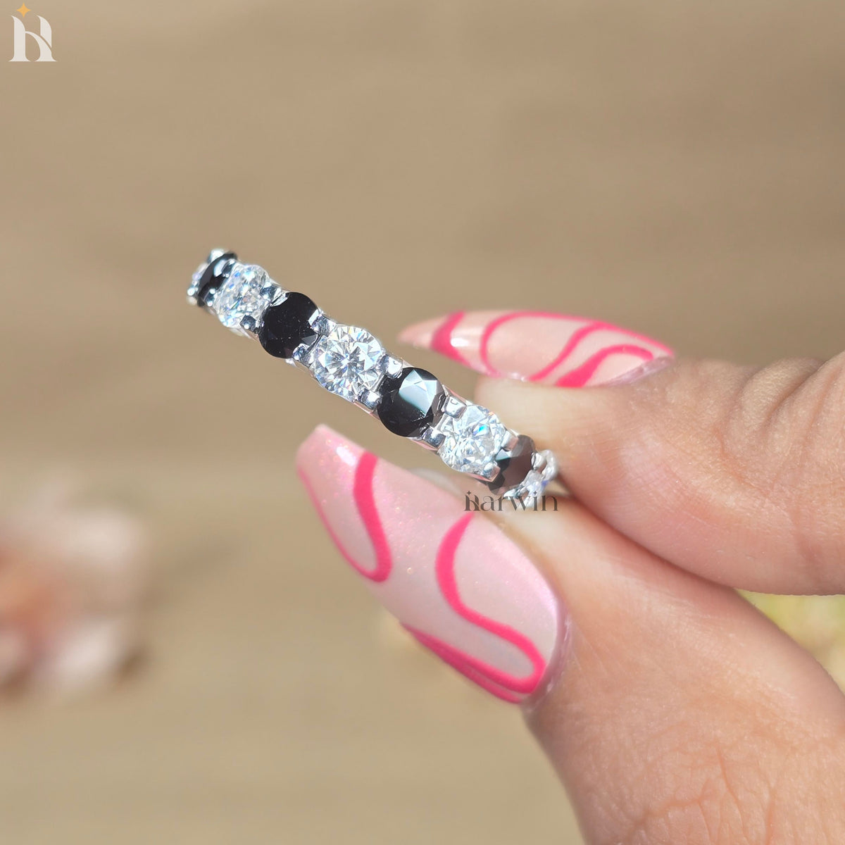 Black White Moissanite Eternity Band Alternating Wedding Ring Stackable Anniversary Band Sterling Silver