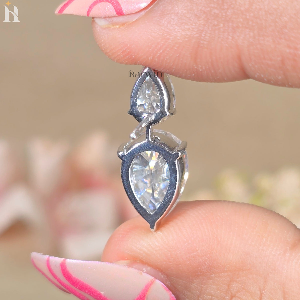 Pear Cut Moissanite Dangle Earrings, 14K White Gold Teardrop Bridal Jewelry