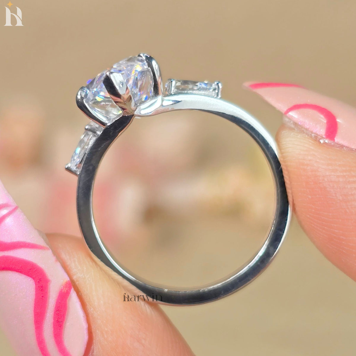 4 CT Marquise Moissanite Diamond Ring Three Stone Antique Style Pear Side Stones Ring