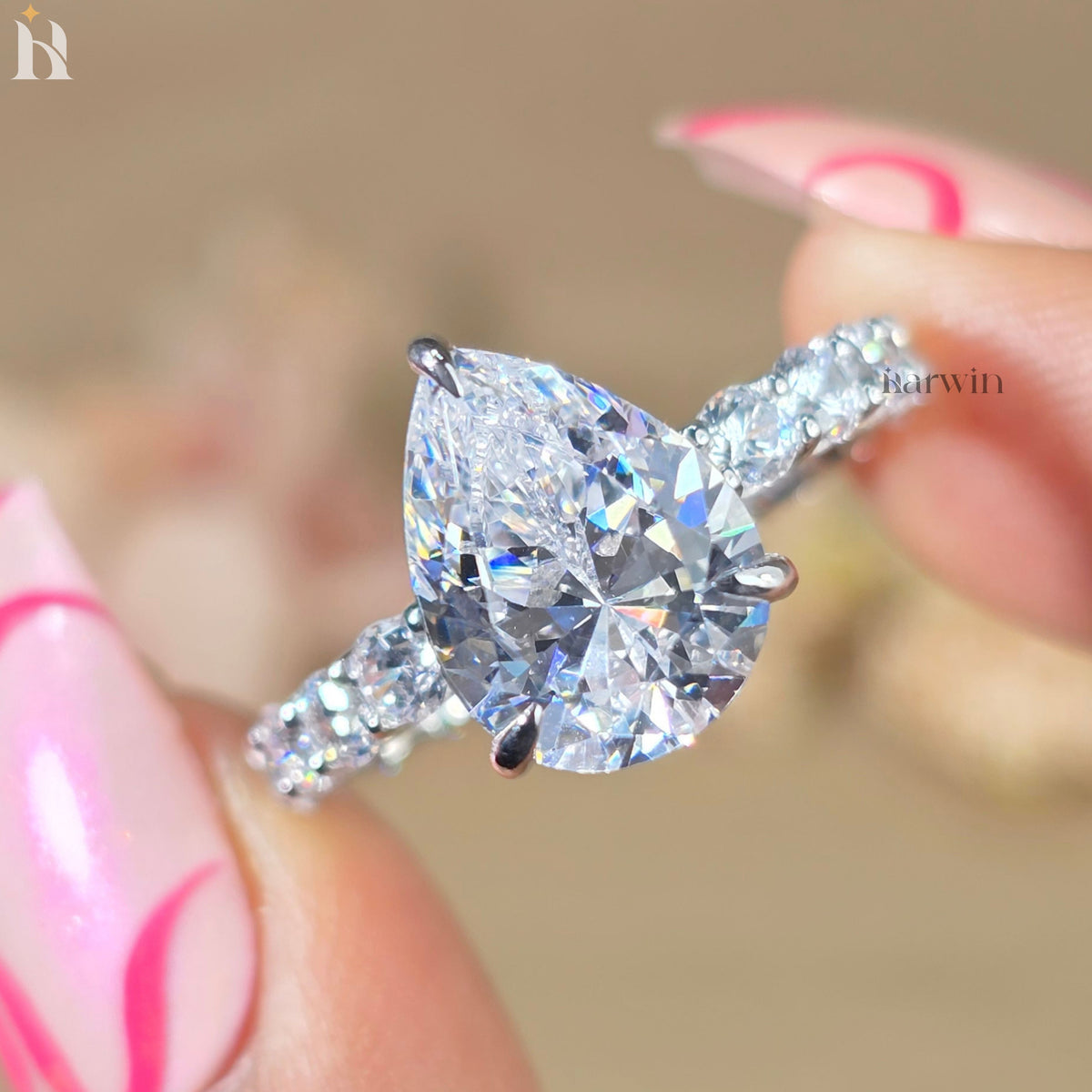 3.5 CT Pear Cut Moissanite Hidden Halo Ring and Round Cut Pave Set Band