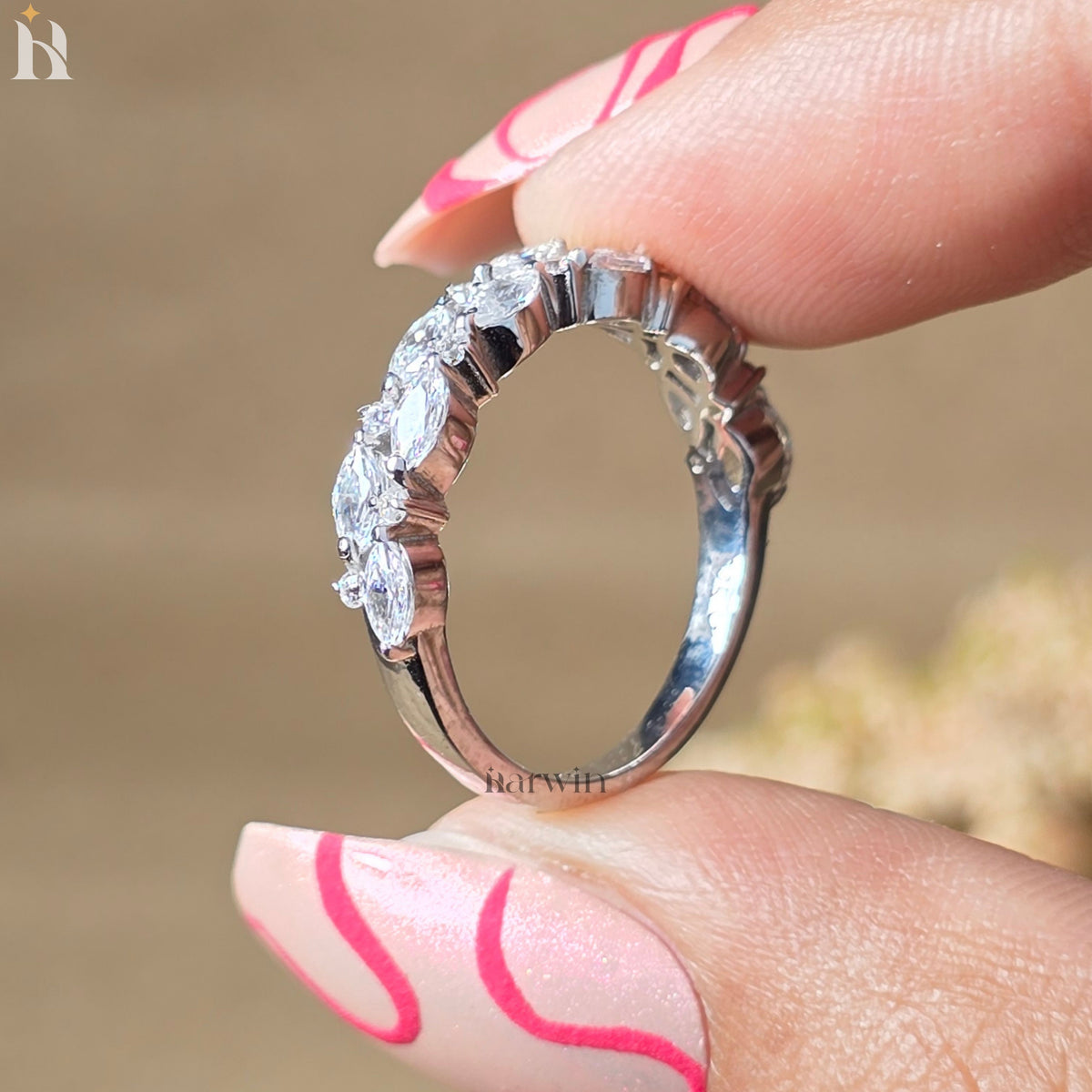 Marquise & Round Cut Moissanite Wedding Band, Half Eternity Stacking Band