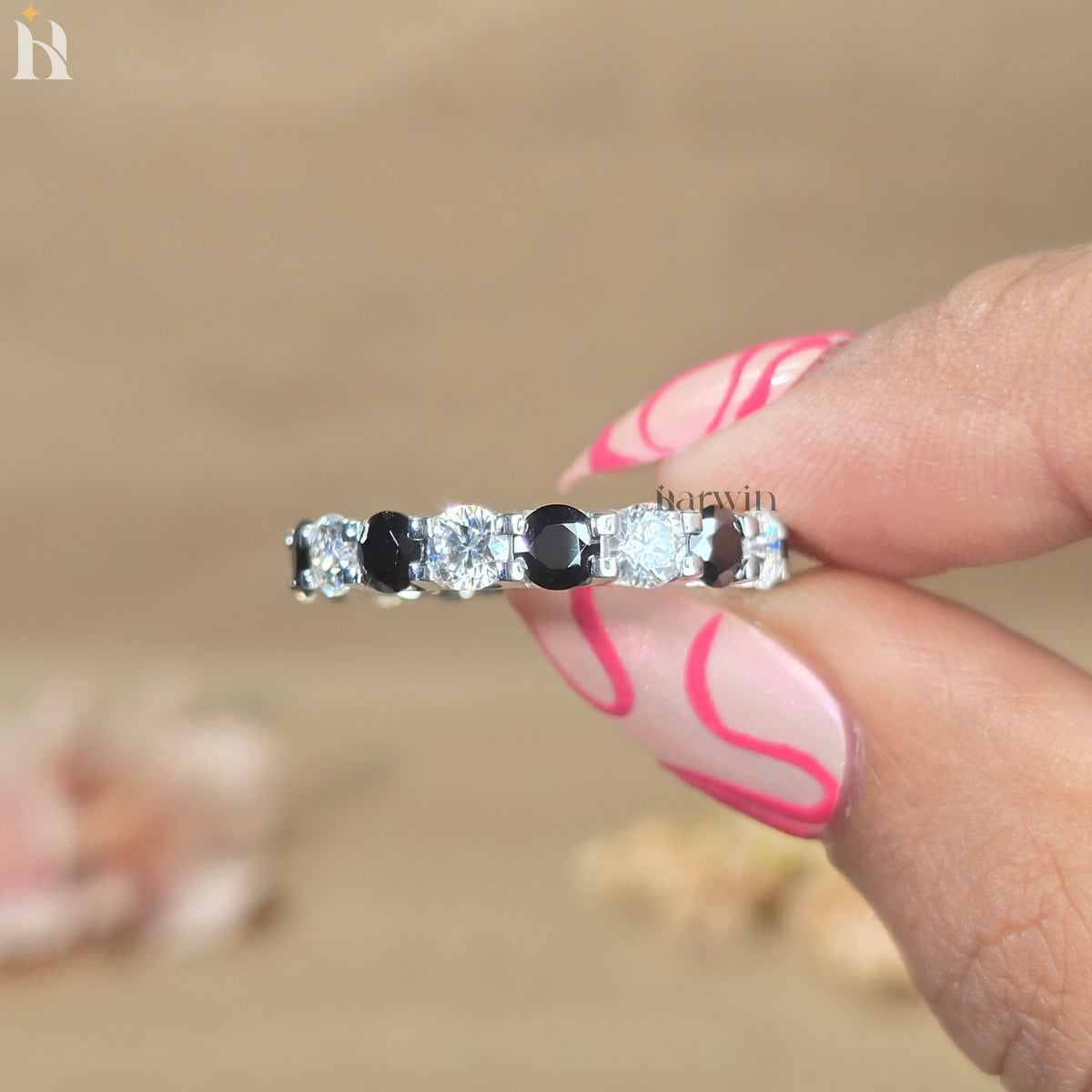 Black White Moissanite Eternity Band Alternating Wedding Ring Stackable Anniversary Band Sterling Silver