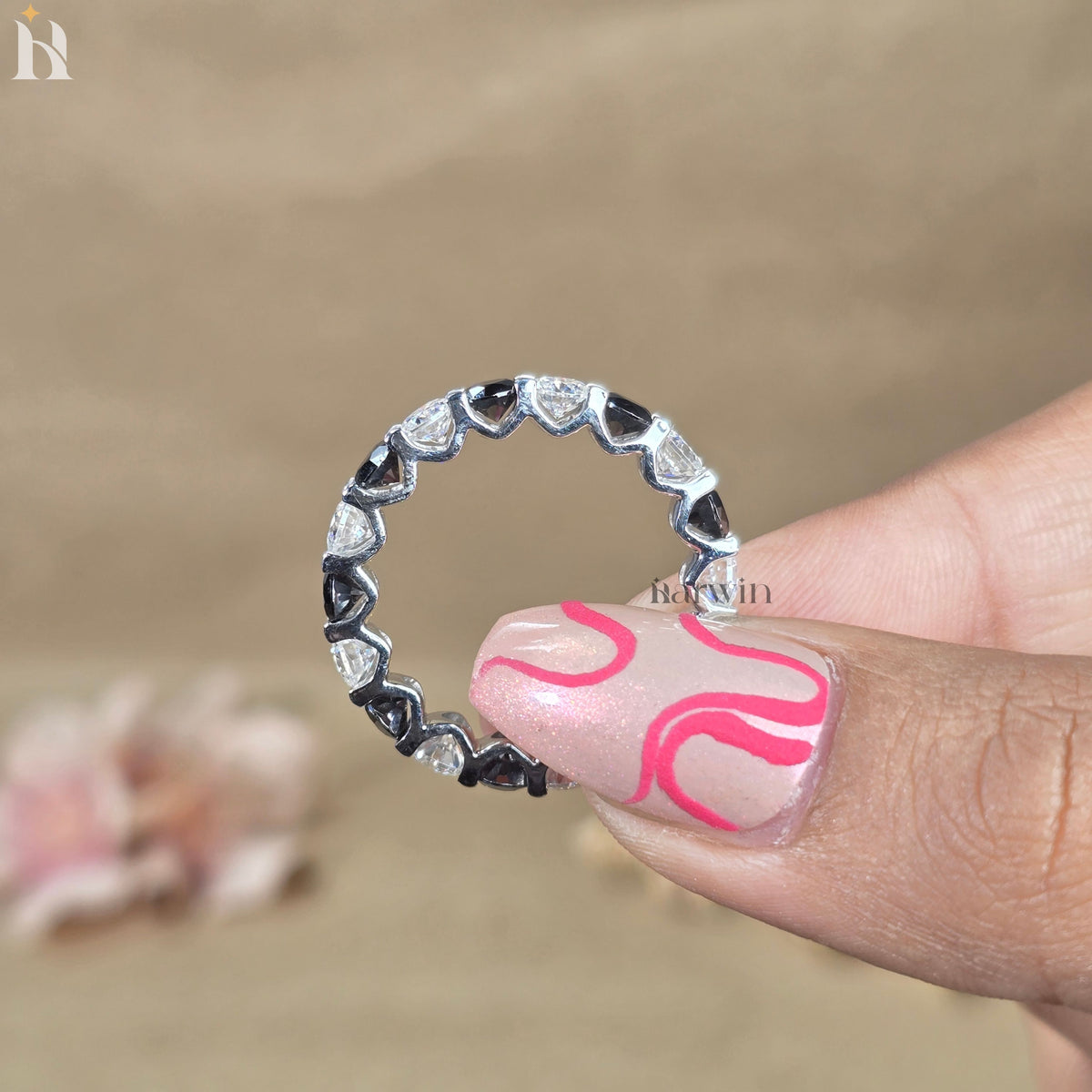 Black White Moissanite Eternity Band Alternating Wedding Ring Stackable Anniversary Band Sterling Silver