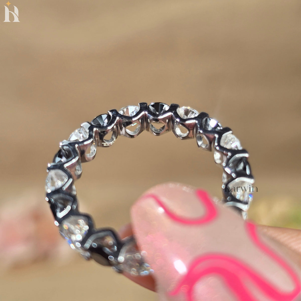 Black White Moissanite Eternity Band Alternating Wedding Ring Stackable Anniversary Band Sterling Silver