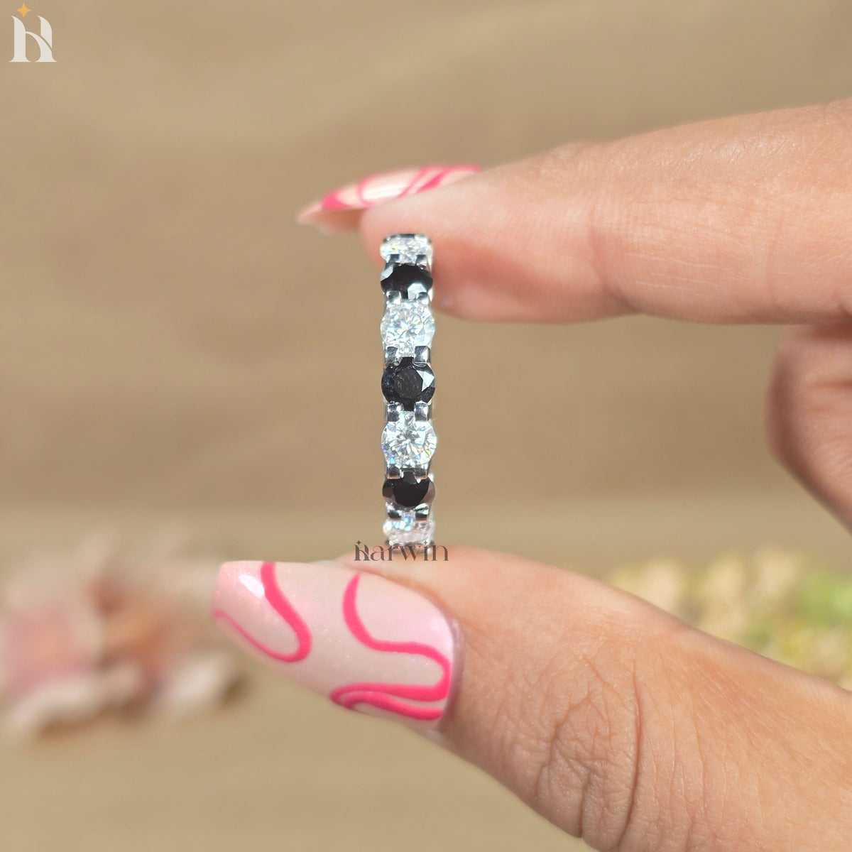 Black White Moissanite Eternity Band Alternating Wedding Ring Stackable Anniversary Band Sterling Silver