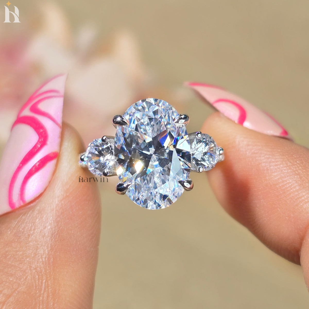 4.5 CT Oval Moissanite Three Stone Ring with Round Side Stones, Pave set band