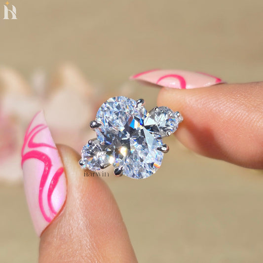 4.5 CT Oval Moissanite Three Stone Ring with Round Side Stones, Pave set band