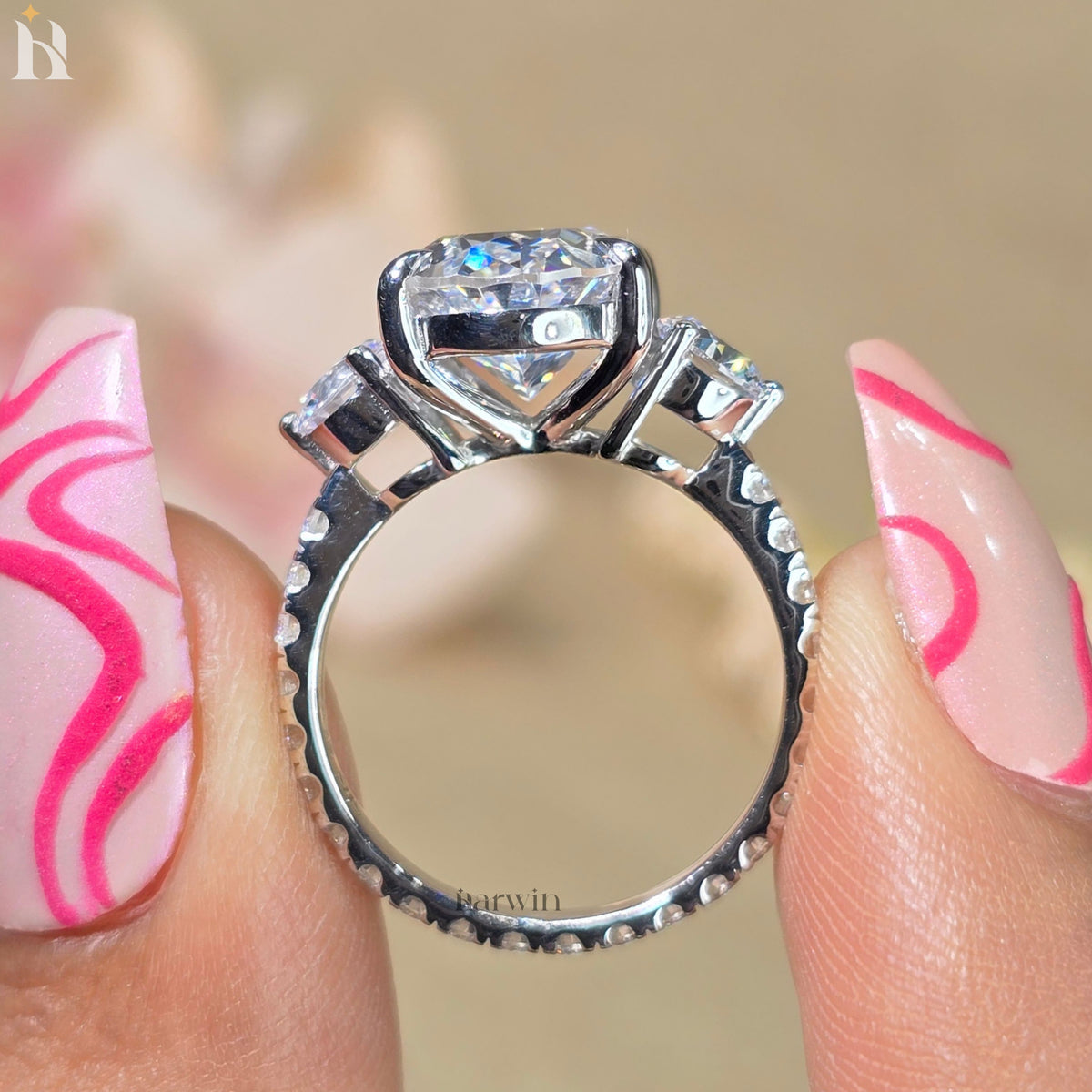 4.5 CT Oval Moissanite Three Stone Ring with Round Side Stones, Pave set band