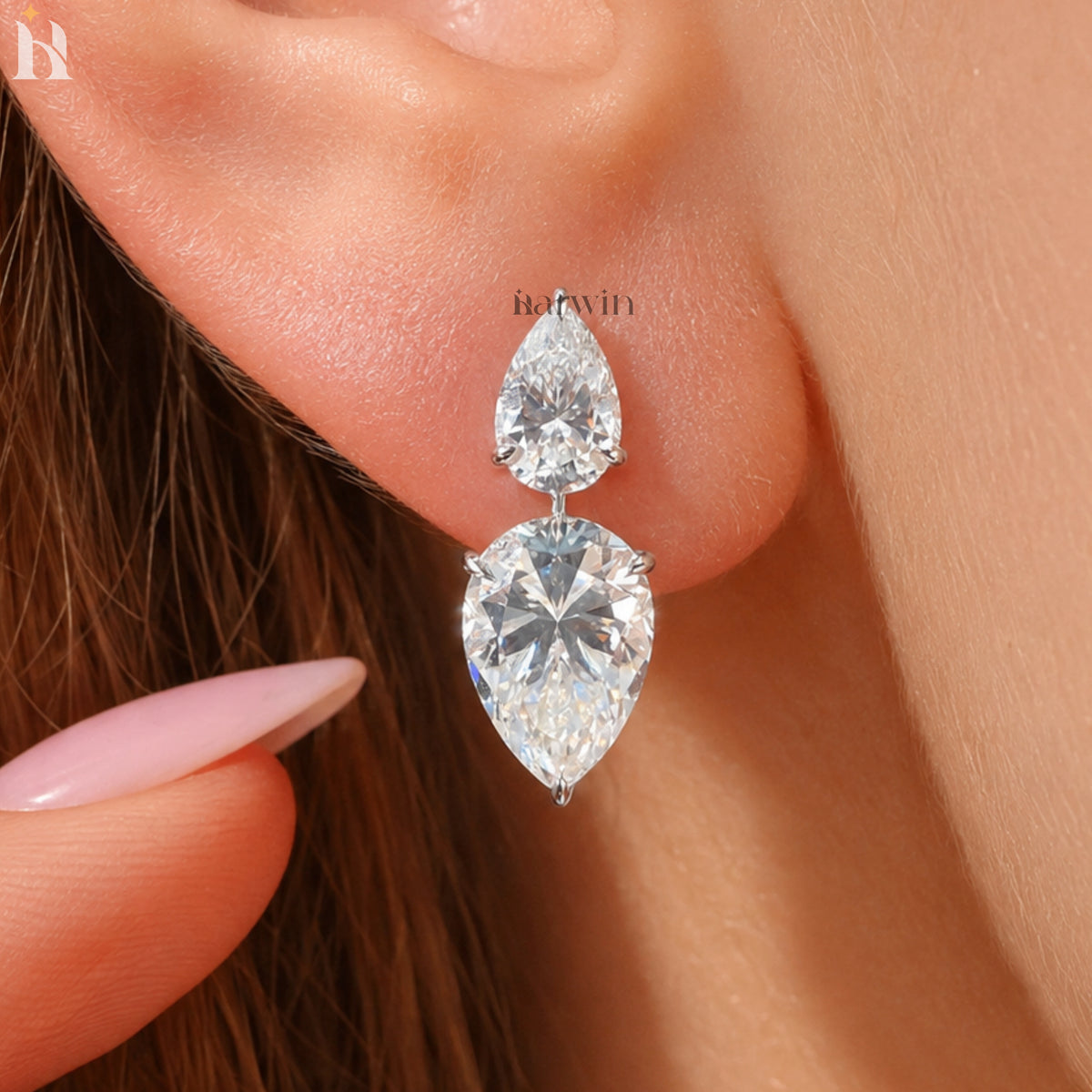 Pear Cut Moissanite Dangle Earrings, 14K White Gold Teardrop Bridal Jewelry