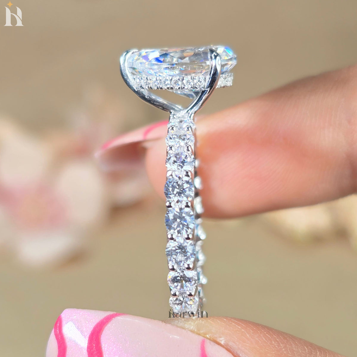 3.5 CT Pear Cut Moissanite Hidden Halo Ring and Round Cut Pave Set Band