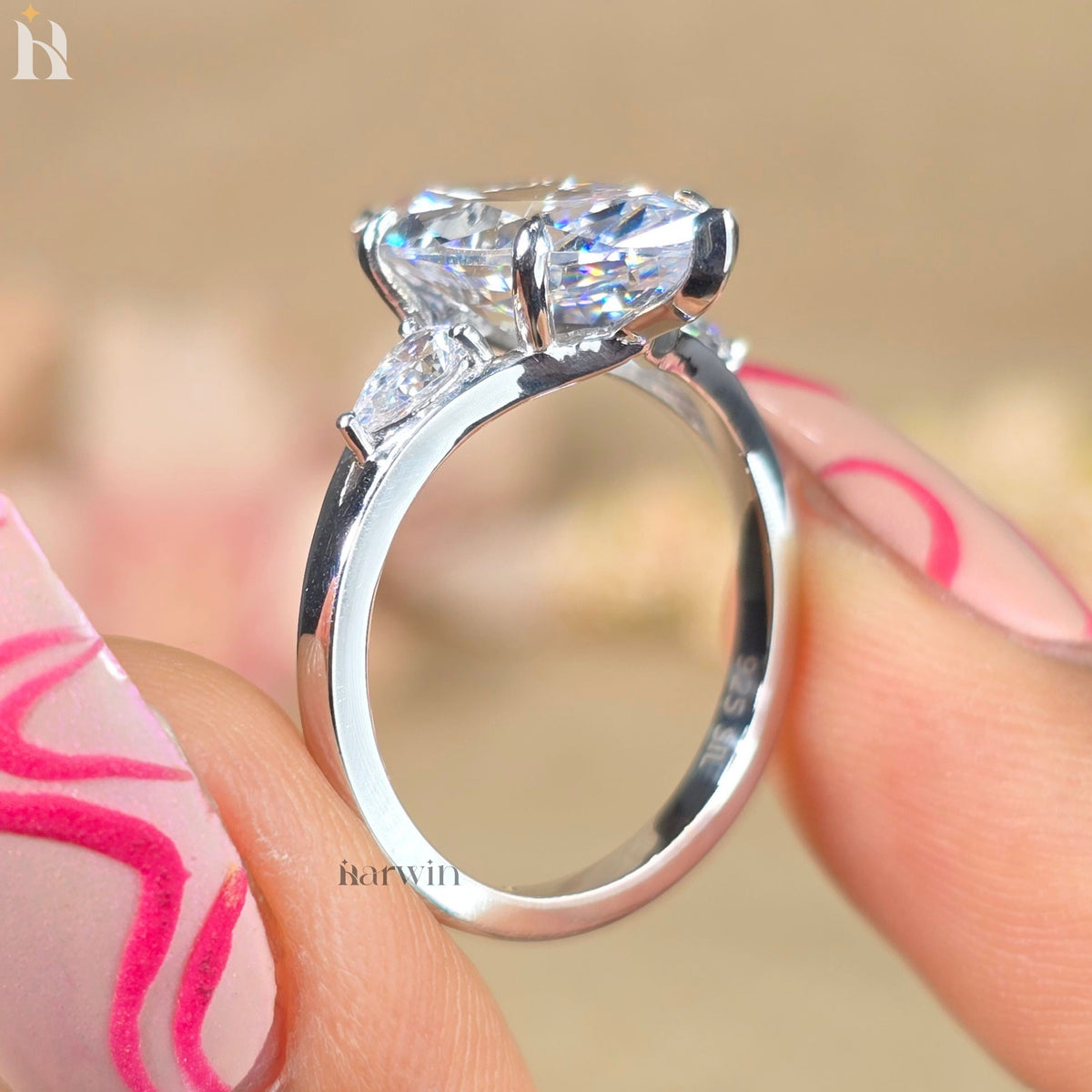 4 CT Marquise Moissanite Diamond Ring Three Stone Antique Style Pear Side Stones Ring