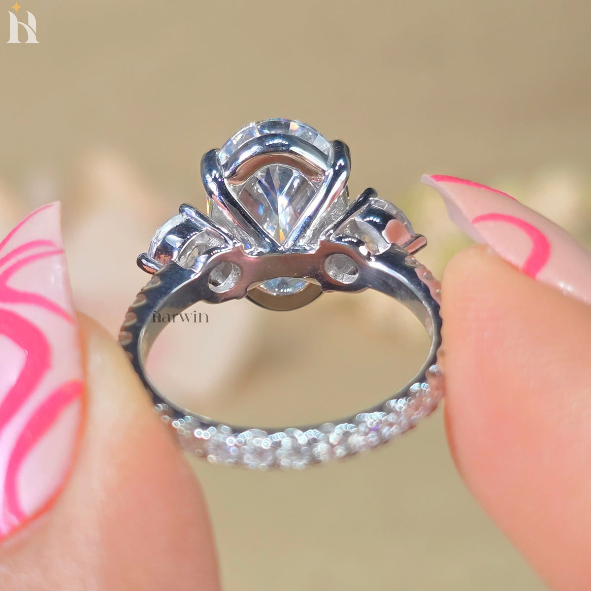 4.5 CT Oval Moissanite Three Stone Ring with Round Side Stones, Pave set band