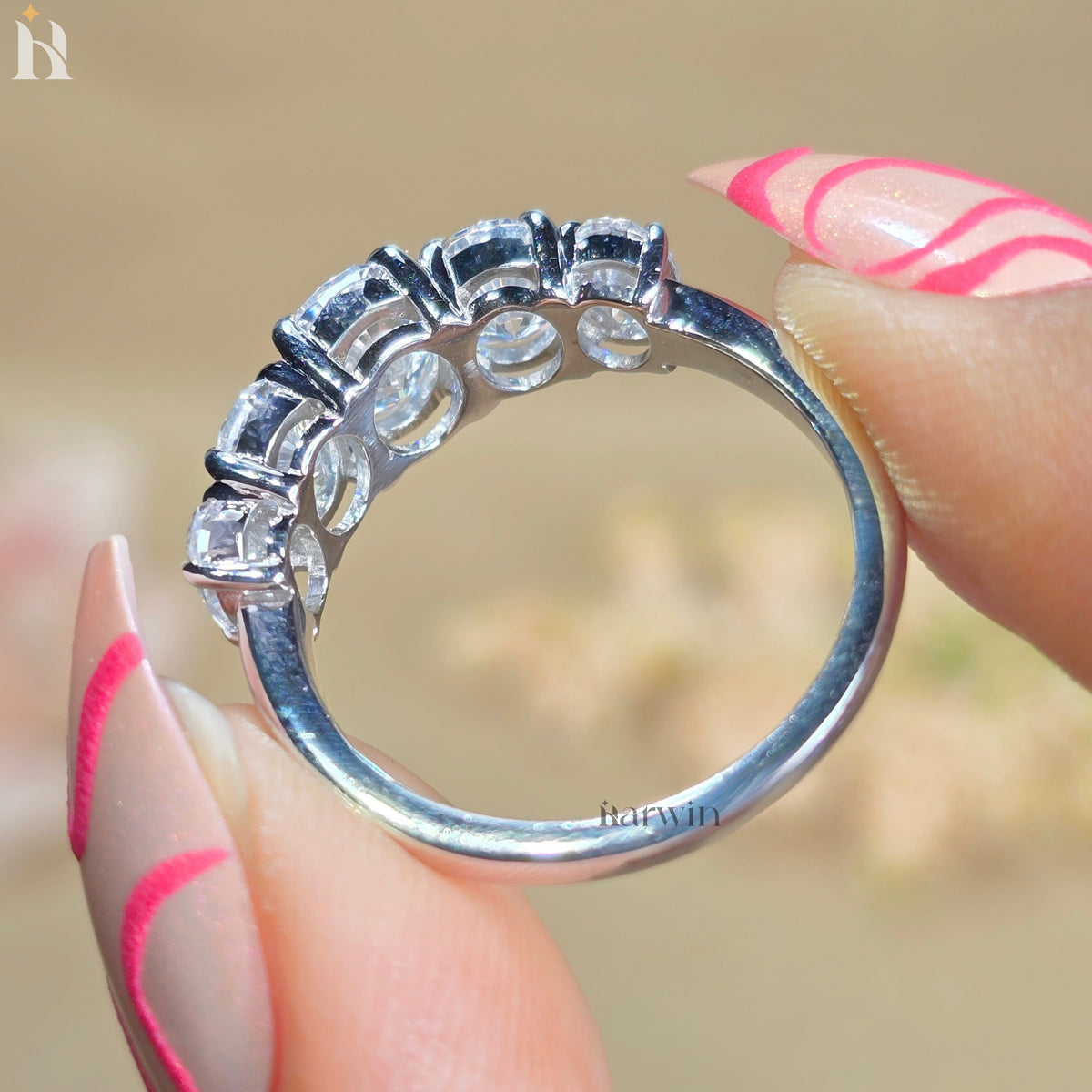 5 Stone Oval Moissanite Wedding Band White Gold Anniversary Ring