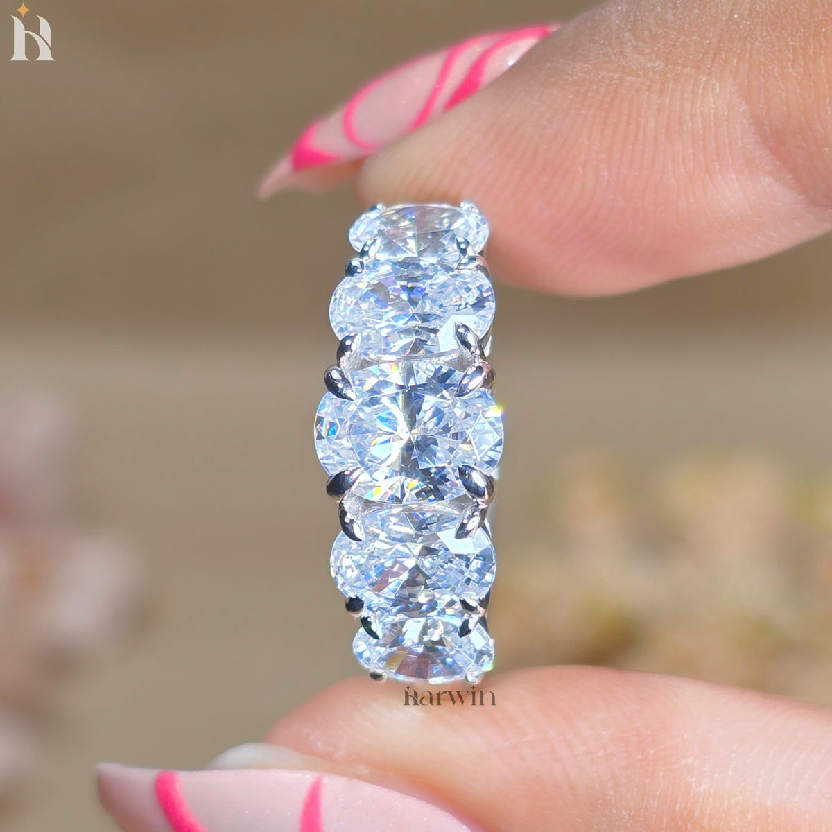 5 Stone Oval Moissanite Wedding Band White Gold Anniversary Ring