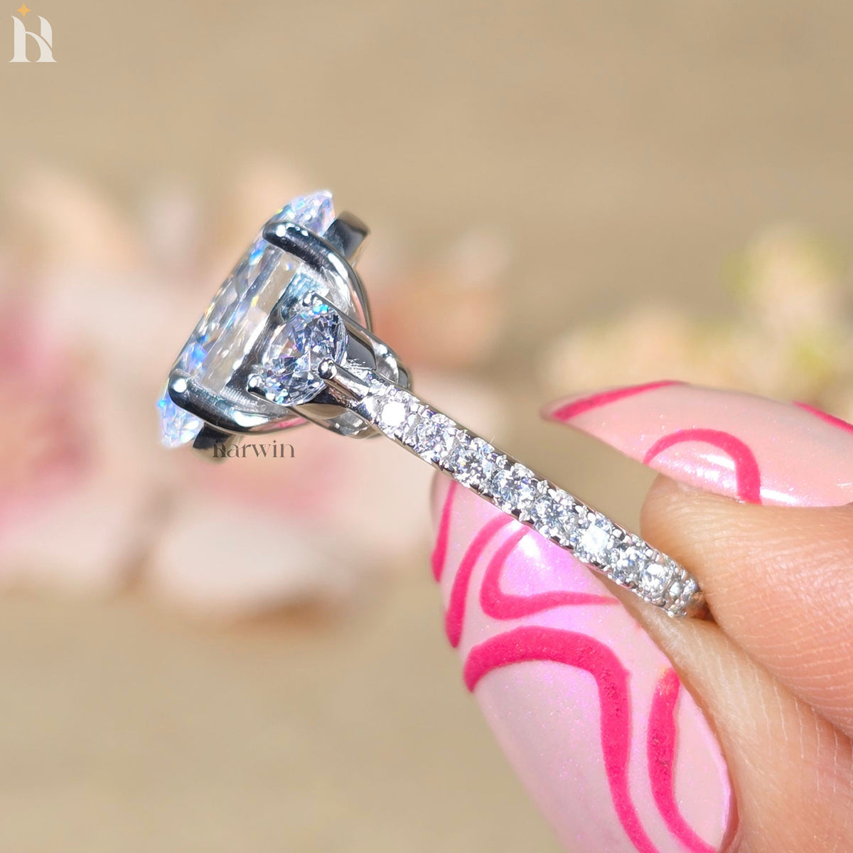 4.5 CT Oval Moissanite Three Stone Ring with Round Side Stones, Pave set band