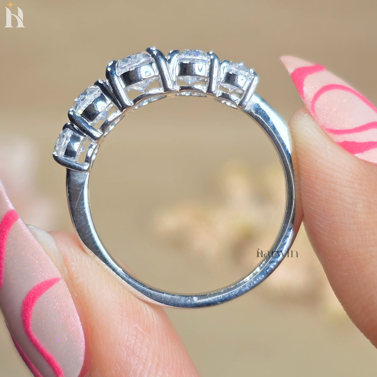 5 Stone Oval Moissanite Wedding Band White Gold Anniversary Ring