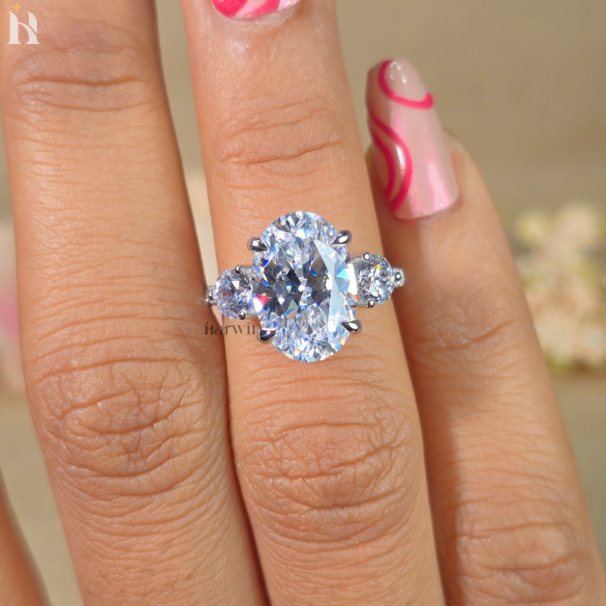 4.5 CT Oval Moissanite Three Stone Ring with Round Side Stones, Pave set band
