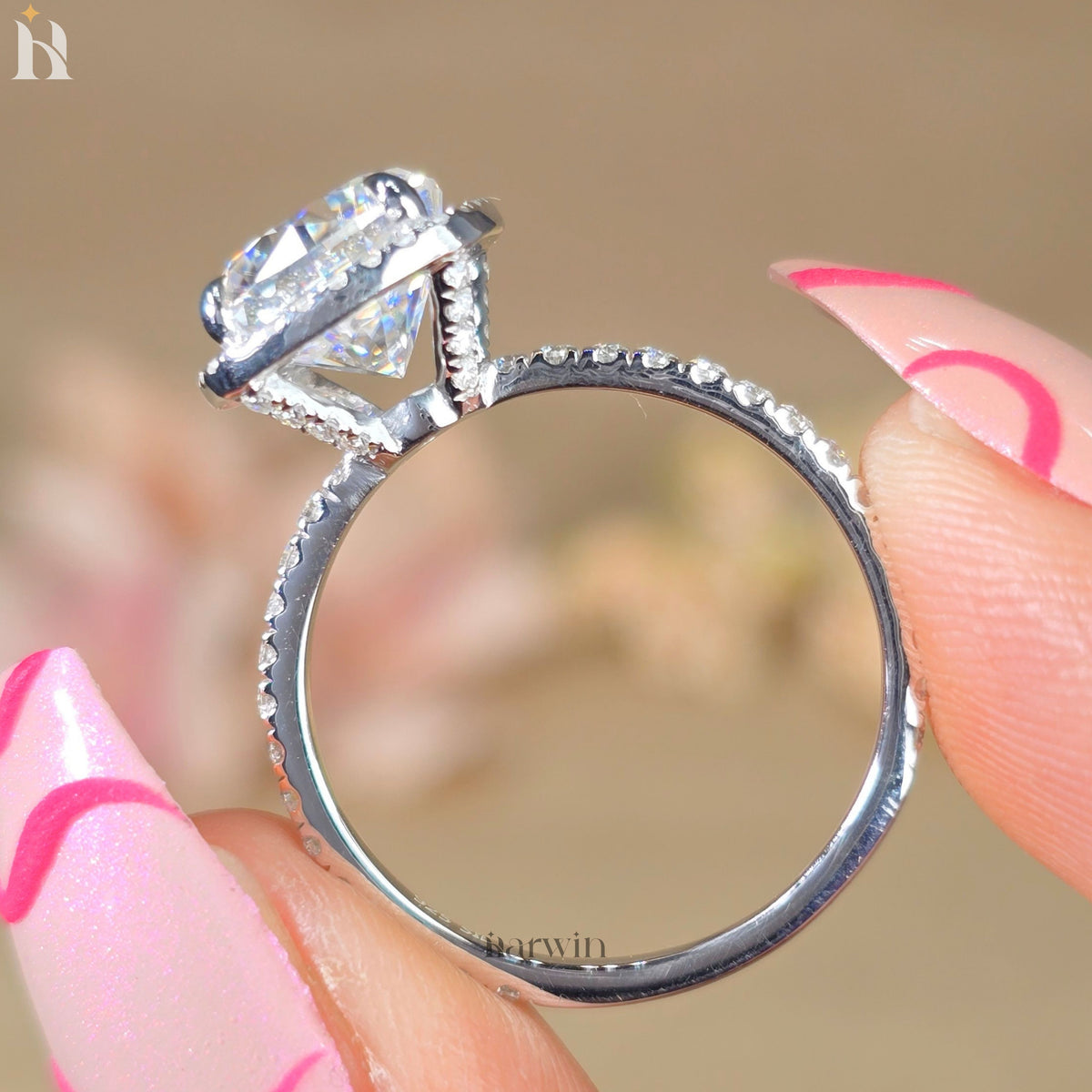 3CT Cushion Cut Moissanite Wedding Ring, Full Halo & Half Pave Band, Sparkling Ring