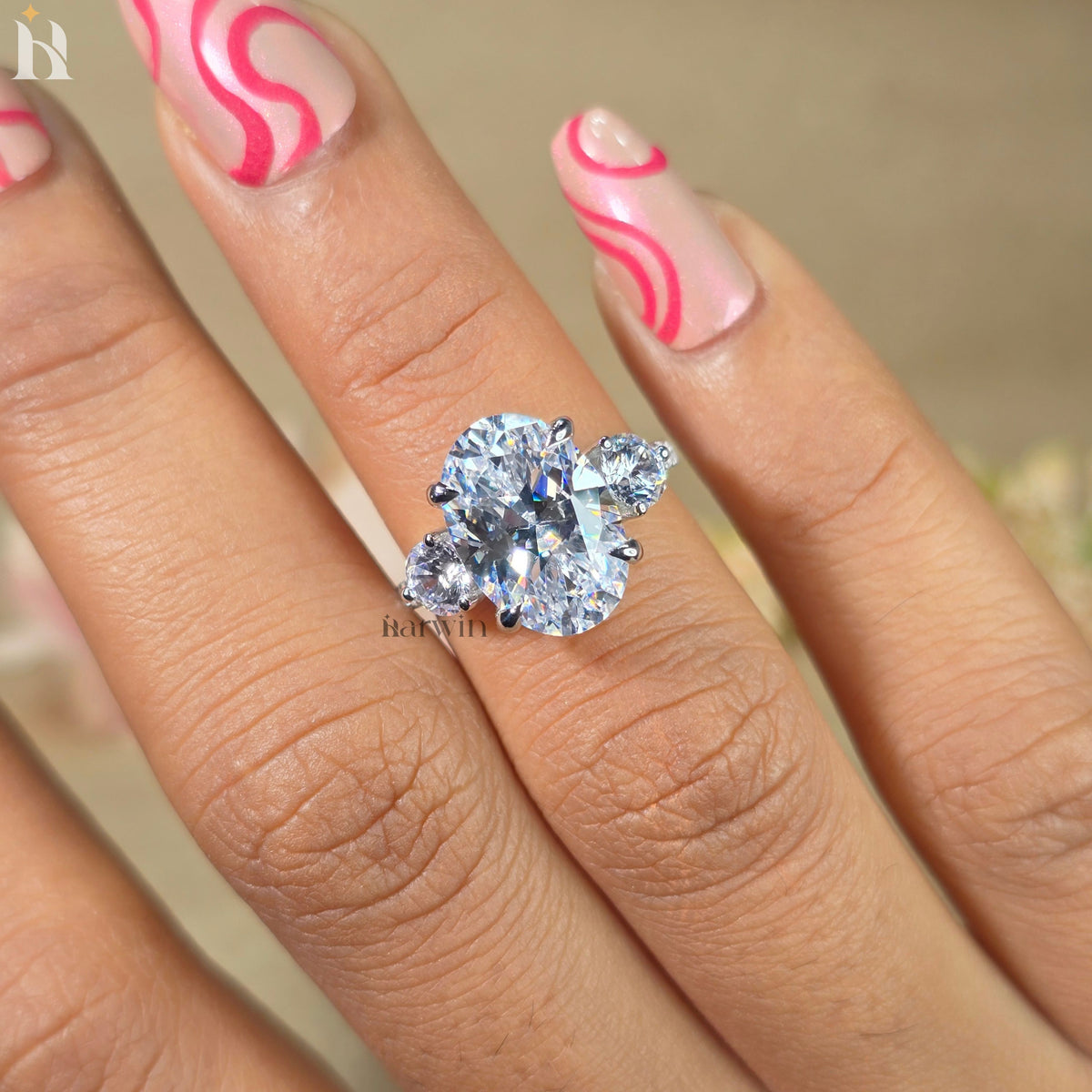 4.5 CT Oval Moissanite Three Stone Ring with Round Side Stones, Pave set band
