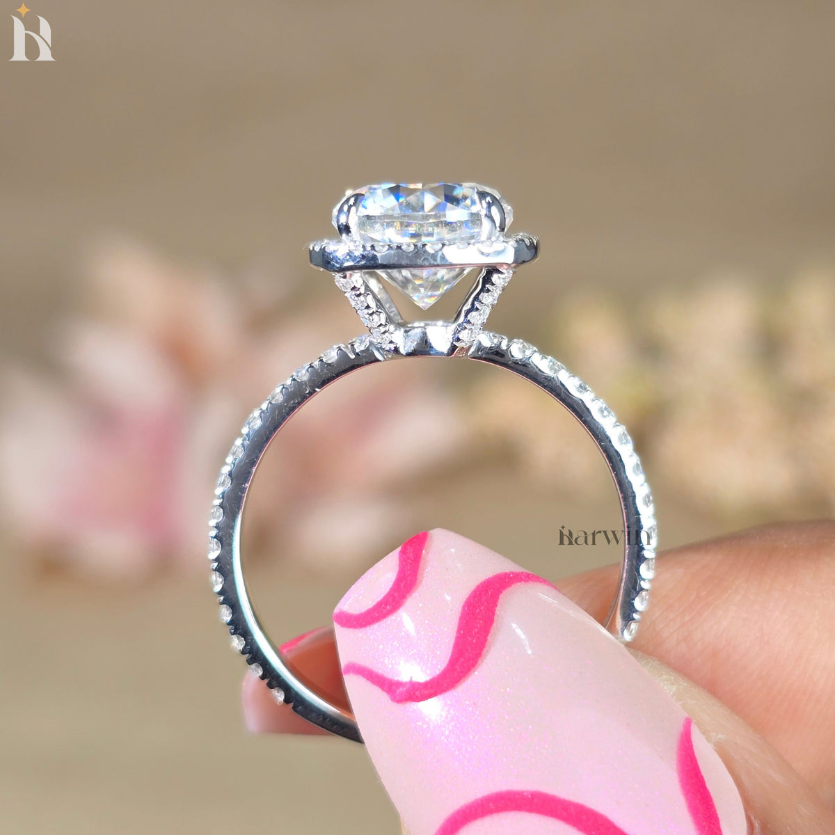 3CT Cushion Cut Moissanite Wedding Ring, Full Halo & Half Pave Band, Sparkling Ring