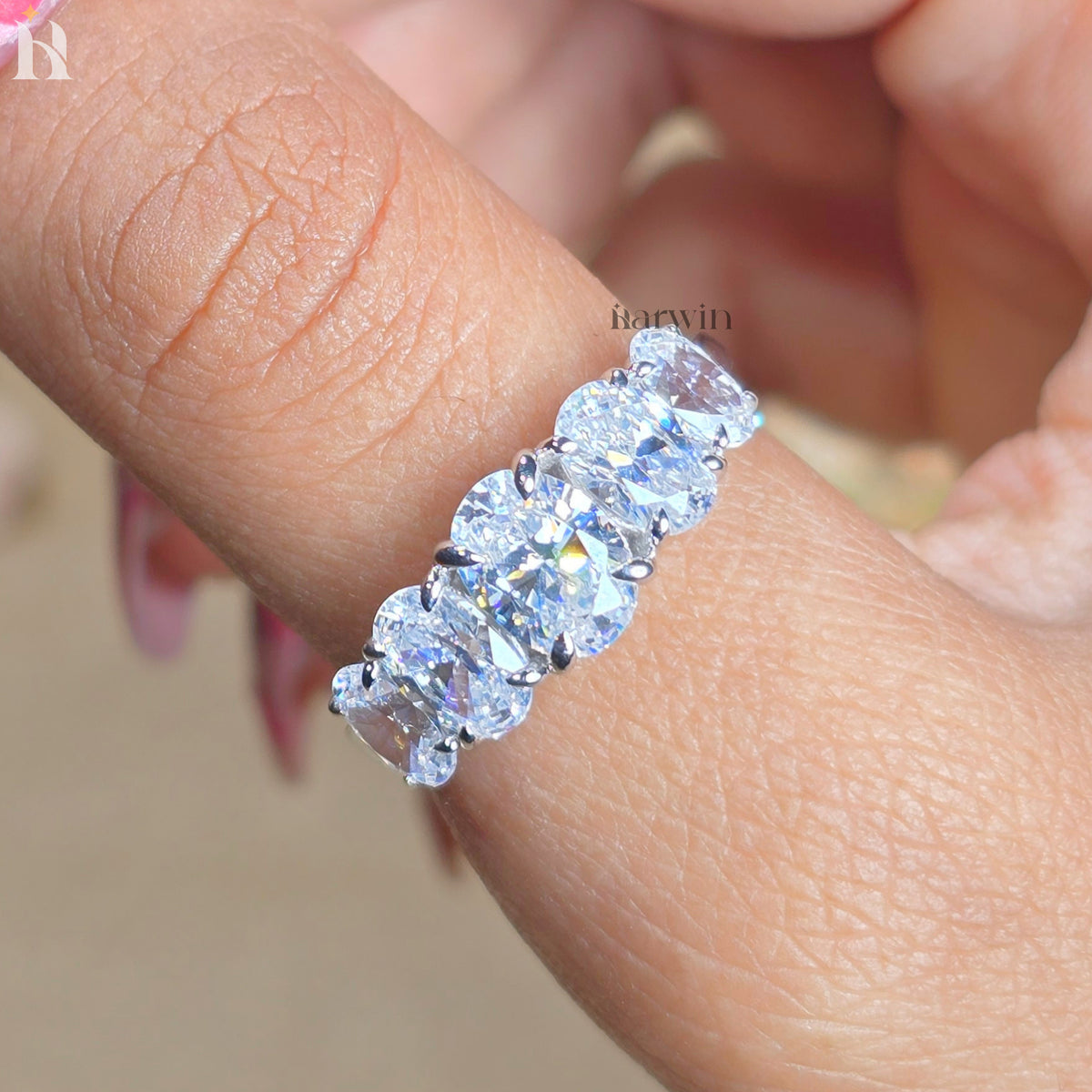 5 Stone Oval Moissanite Wedding Band White Gold Anniversary Ring