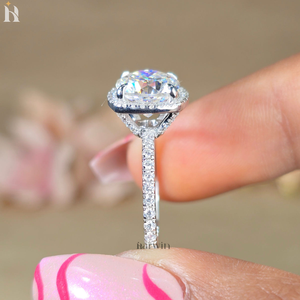 3CT Cushion Cut Moissanite Wedding Ring, Full Halo & Half Pave Band, Sparkling Ring