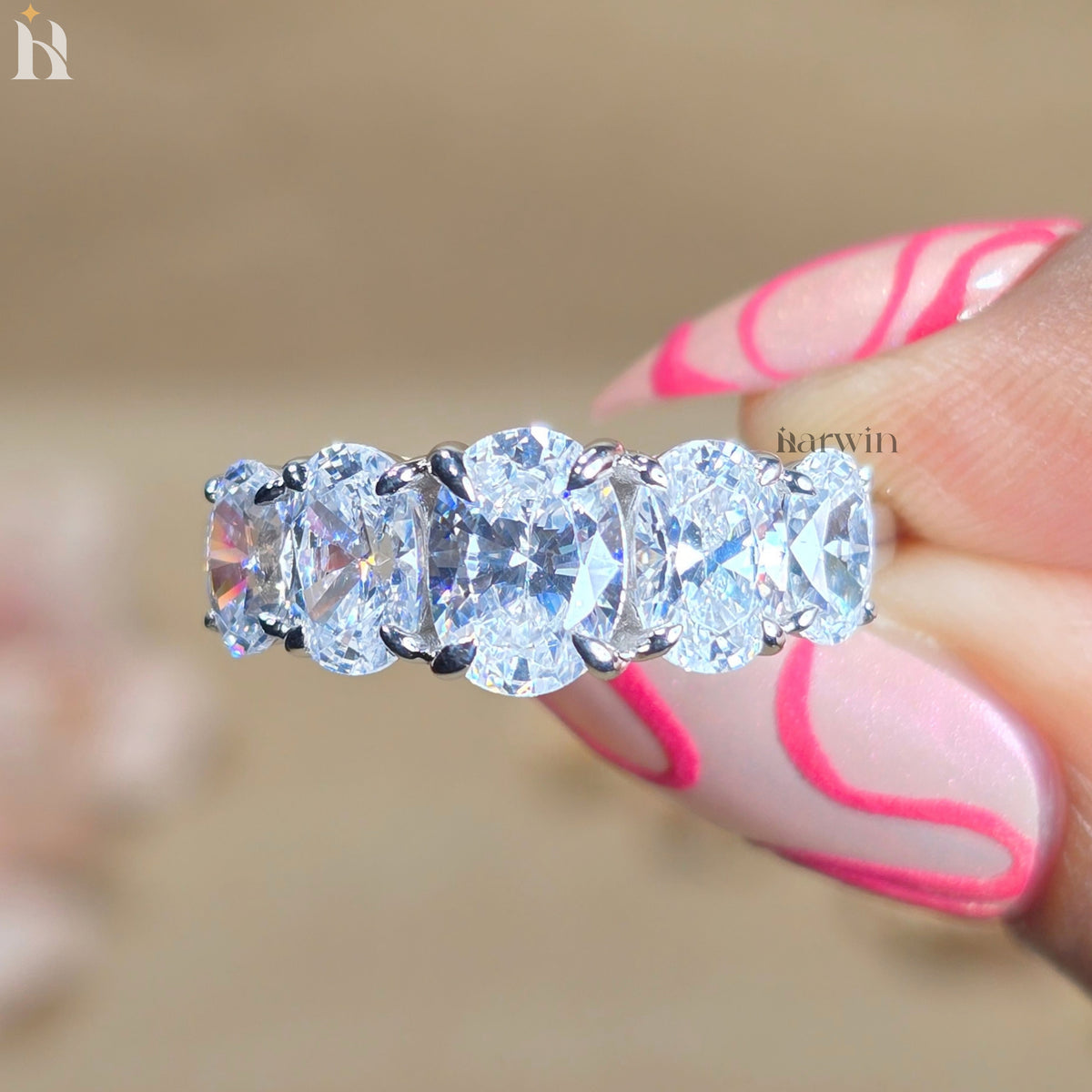 5 Stone Oval Moissanite Wedding Band White Gold Anniversary Ring