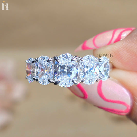 5 Stone Oval Moissanite Wedding Band White Gold Anniversary Ring