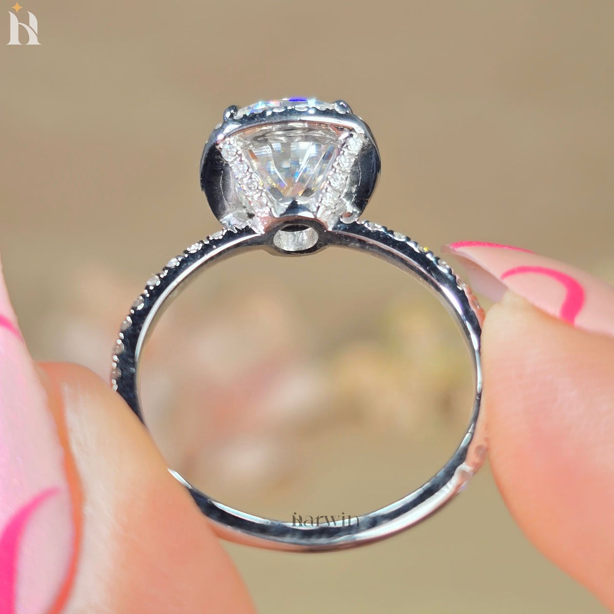 3CT Cushion Cut Moissanite Wedding Ring, Full Halo & Half Pave Band, Sparkling Ring