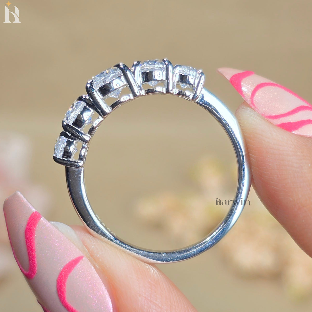 5 Stone Oval Moissanite Wedding Band White Gold Anniversary Ring