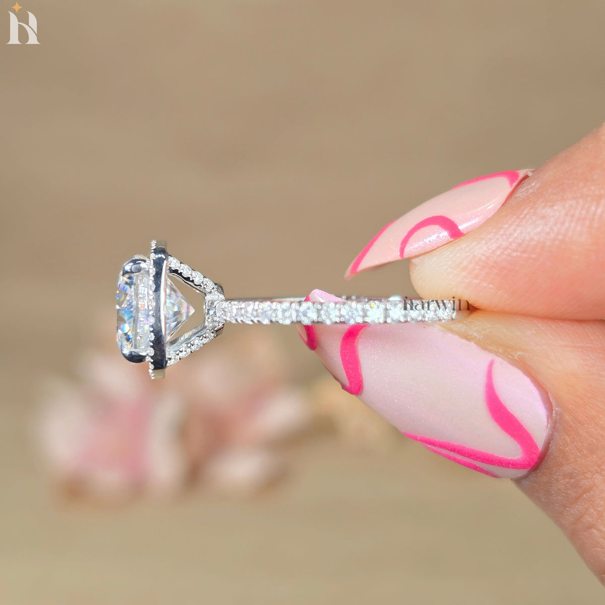3CT Cushion Cut Moissanite Wedding Ring, Full Halo & Half Pave Band, Sparkling Ring
