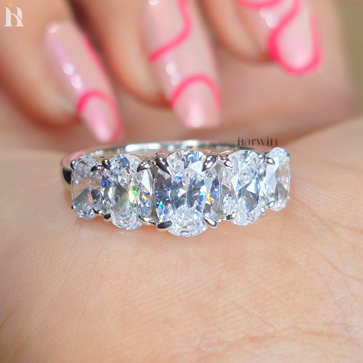 5 Stone Oval Moissanite Wedding Band White Gold Anniversary Ring