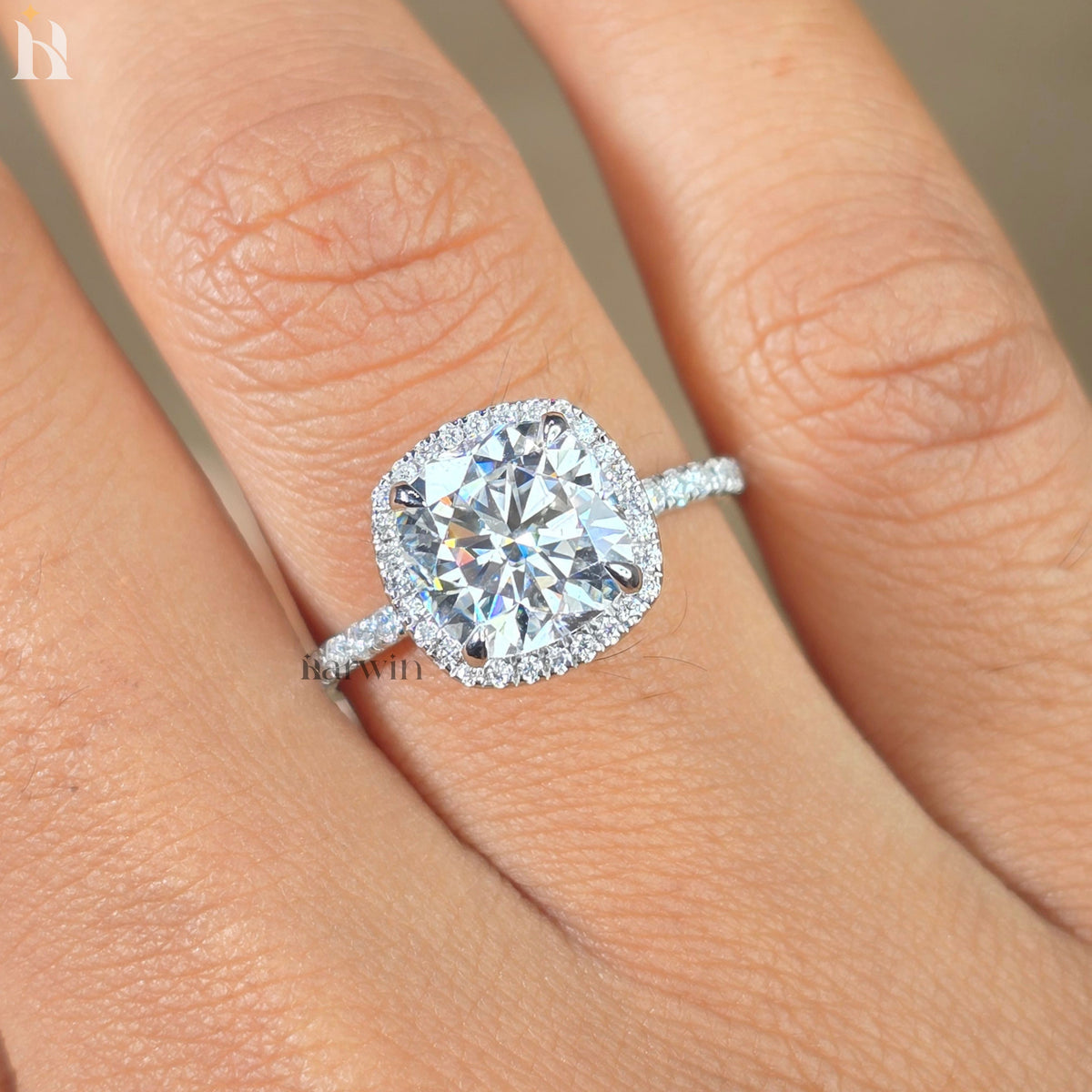 3CT Cushion Cut Moissanite Wedding Ring, Full Halo & Half Pave Band, Sparkling Ring