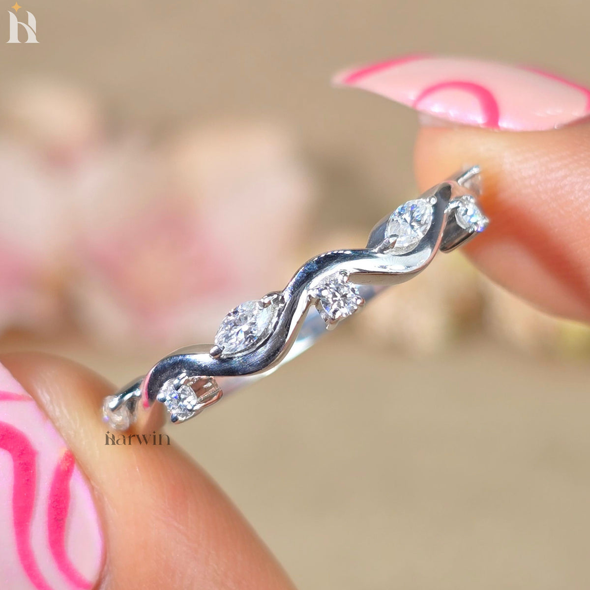 Moissanite Half Eternity Wedding Band Twisted Vine Marquise Round White Gold Stackable Ring
