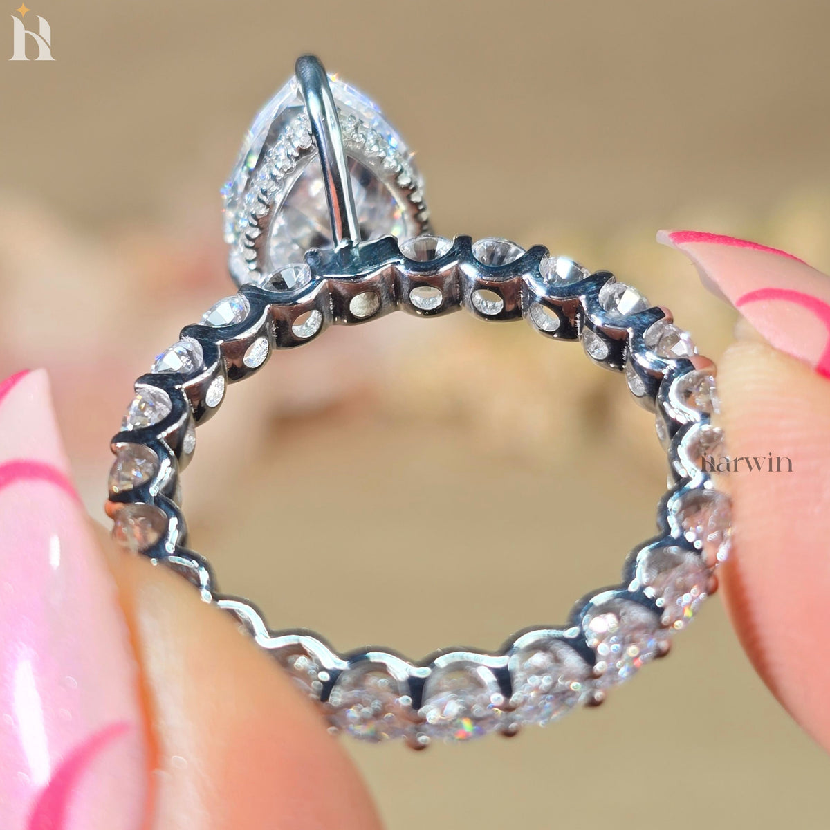 3.5 CT Pear Cut Moissanite Hidden Halo Ring and Round Cut Pave Set Band
