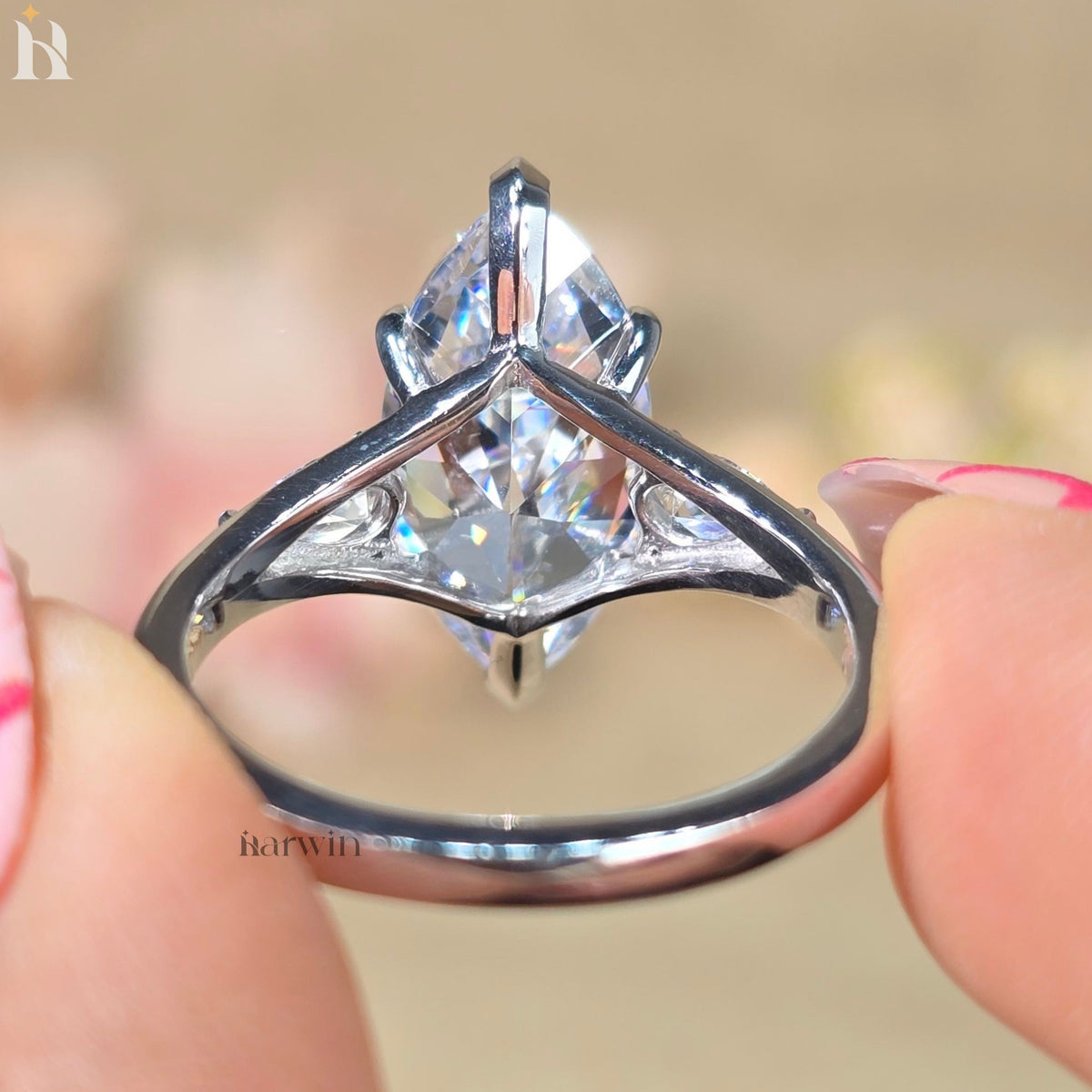 4 CT Marquise Moissanite Diamond Ring Three Stone Antique Style Pear Side Stones Ring