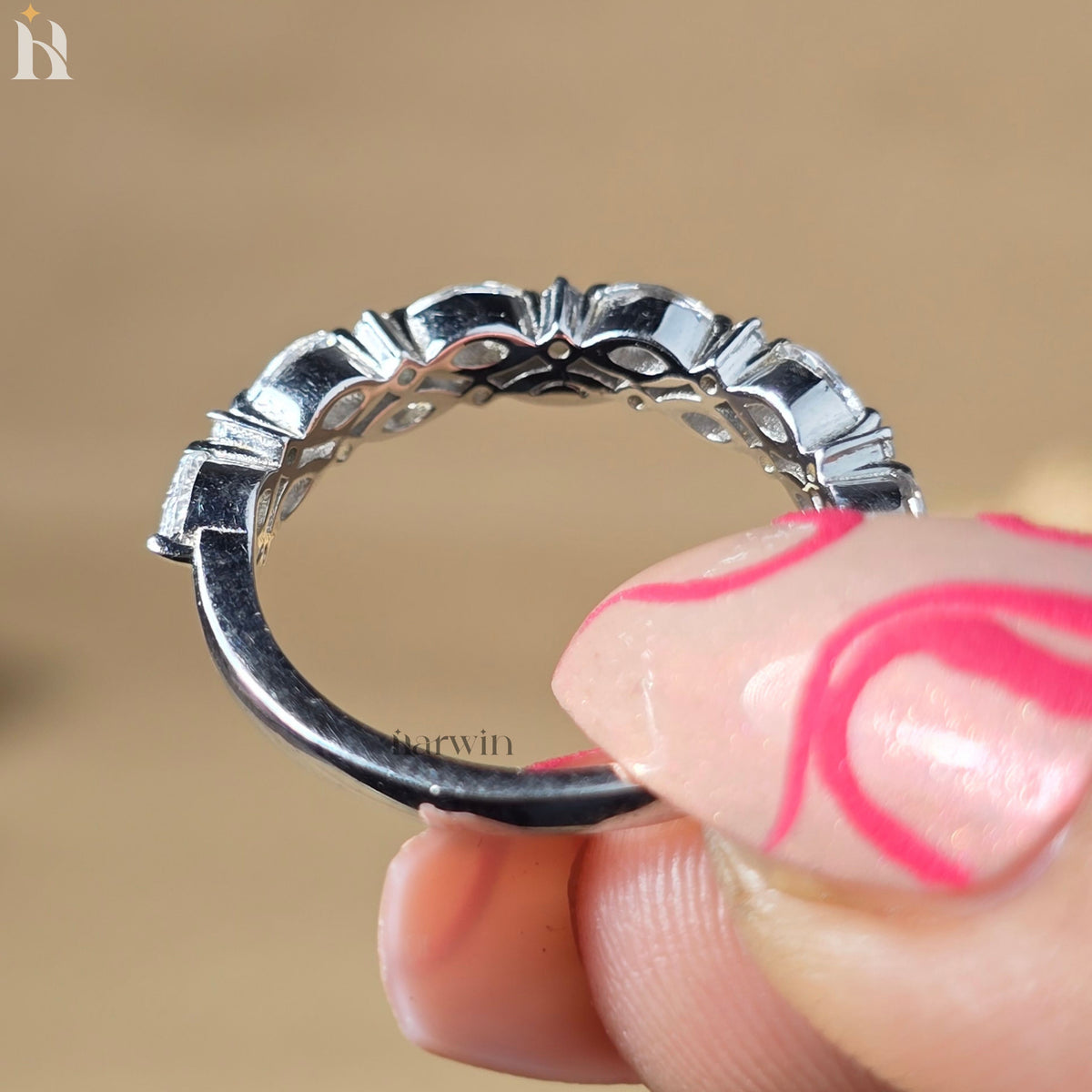 Marquise & Round Cut Moissanite Wedding Band, Half Eternity Stacking Band