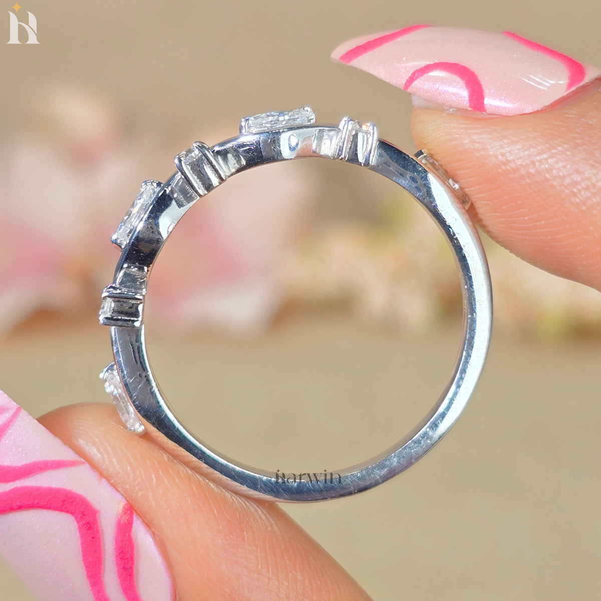 Moissanite Half Eternity Wedding Band Twisted Vine Marquise Round White Gold Stackable Ring