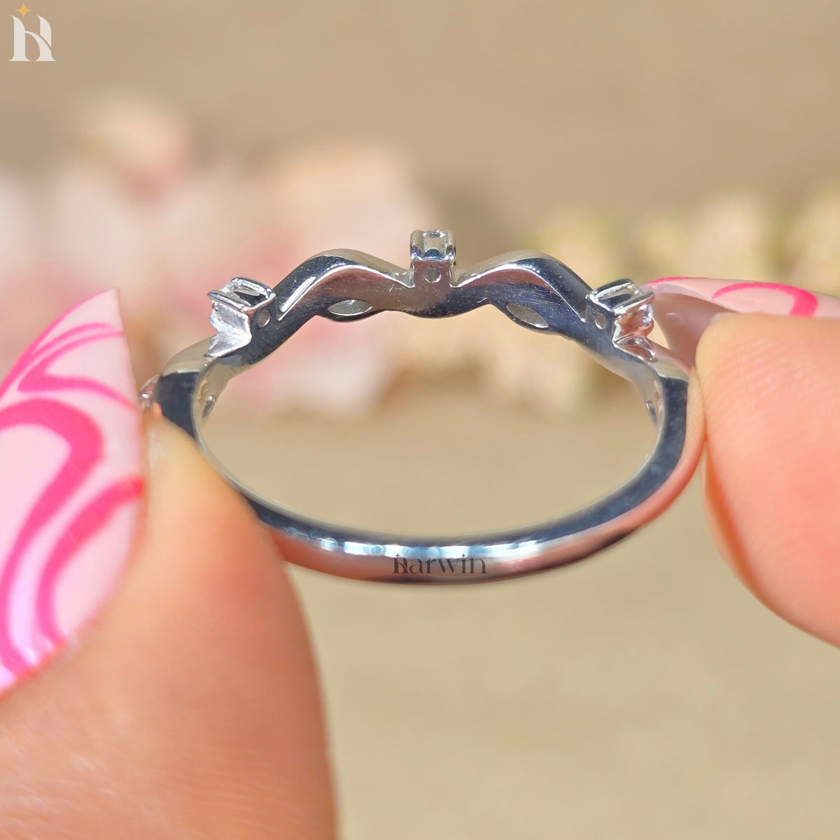 Moissanite Half Eternity Wedding Band Twisted Vine Marquise Round White Gold Stackable Ring