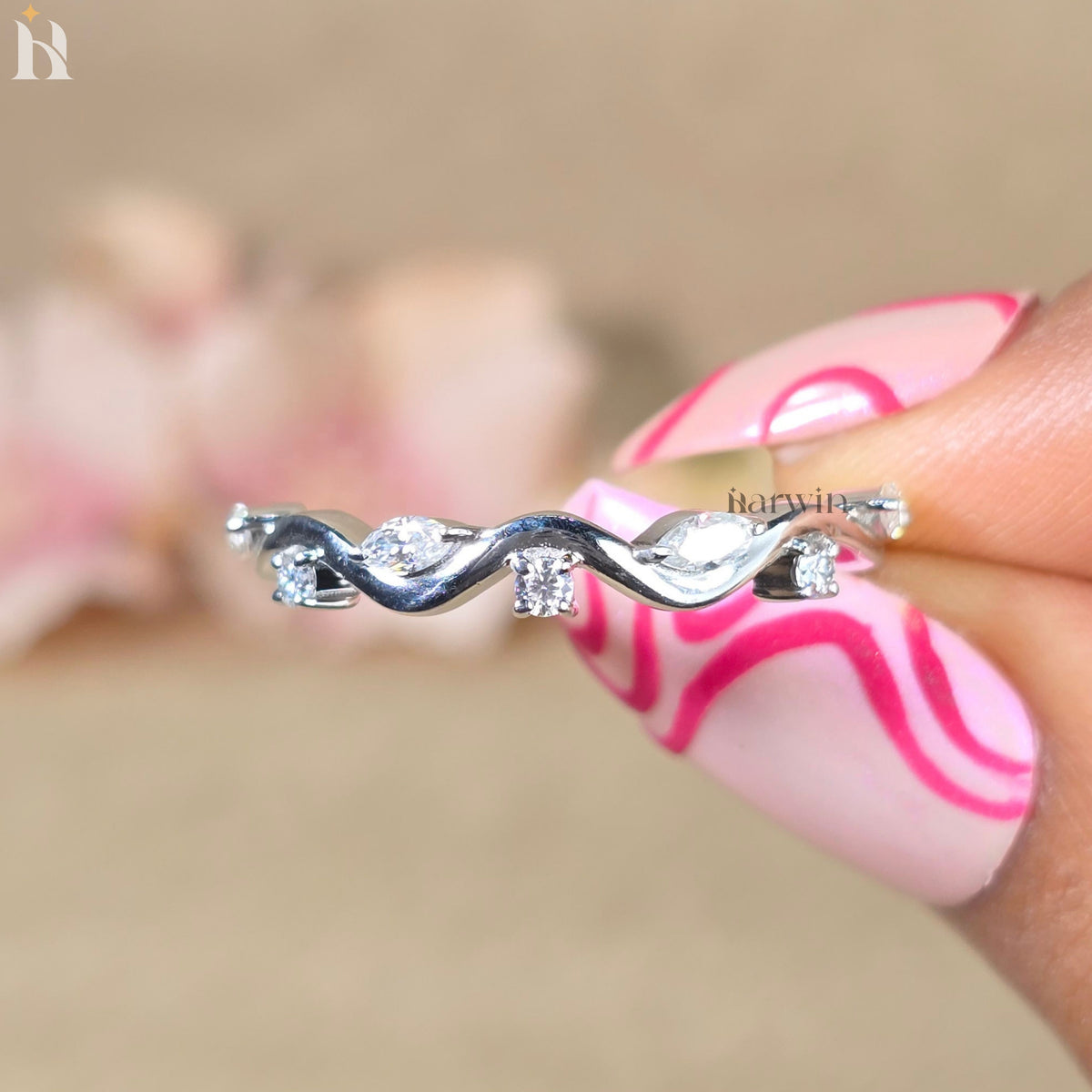 Moissanite Half Eternity Wedding Band Twisted Vine Marquise Round White Gold Stackable Ring