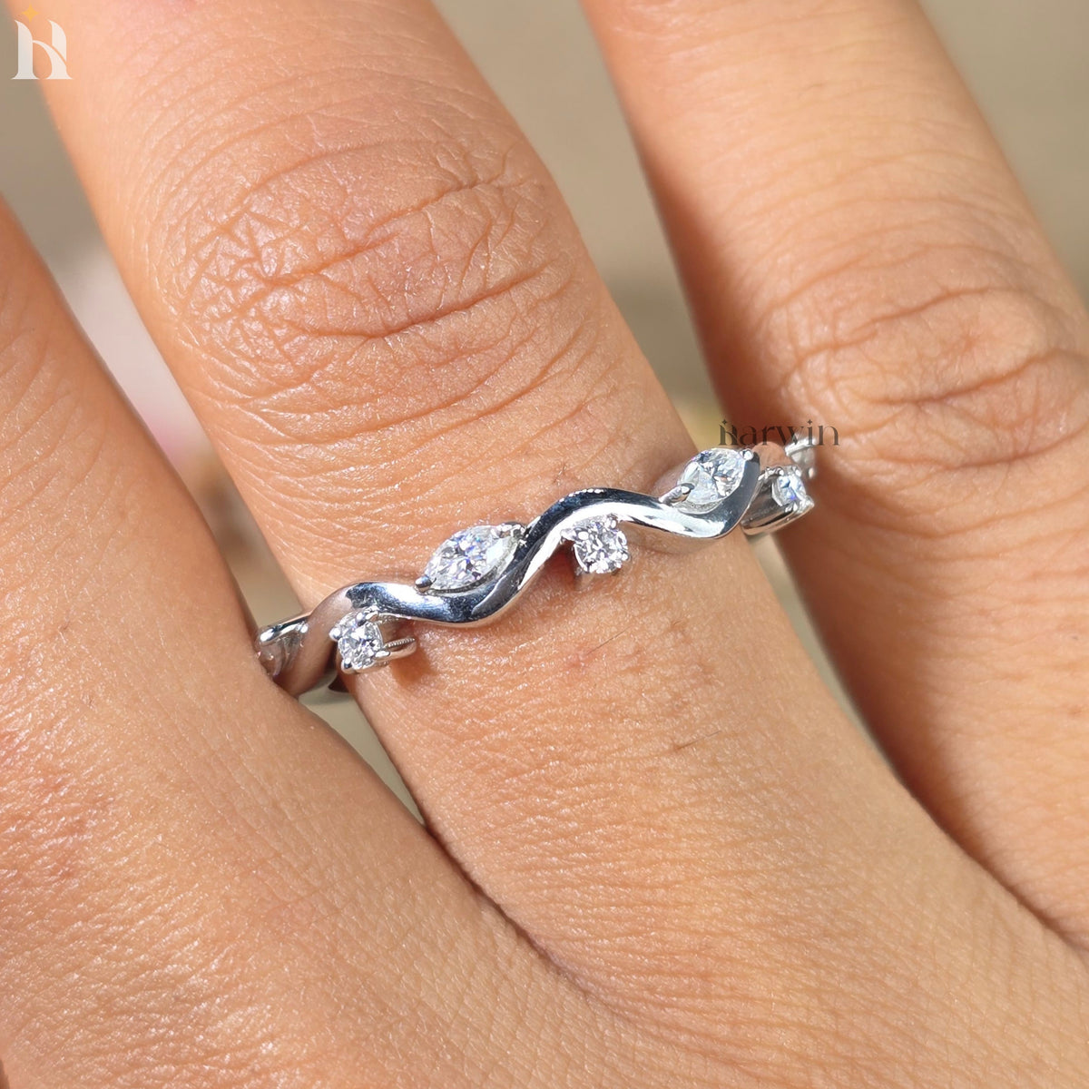 Moissanite Half Eternity Wedding Band Twisted Vine Marquise Round White Gold Stackable Ring