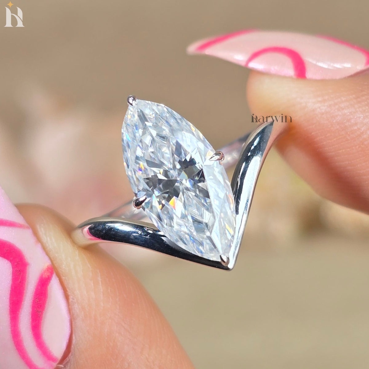 Marquise Cut Moissanite Engagement Ring, 14k Yellow Gold Chevron Band