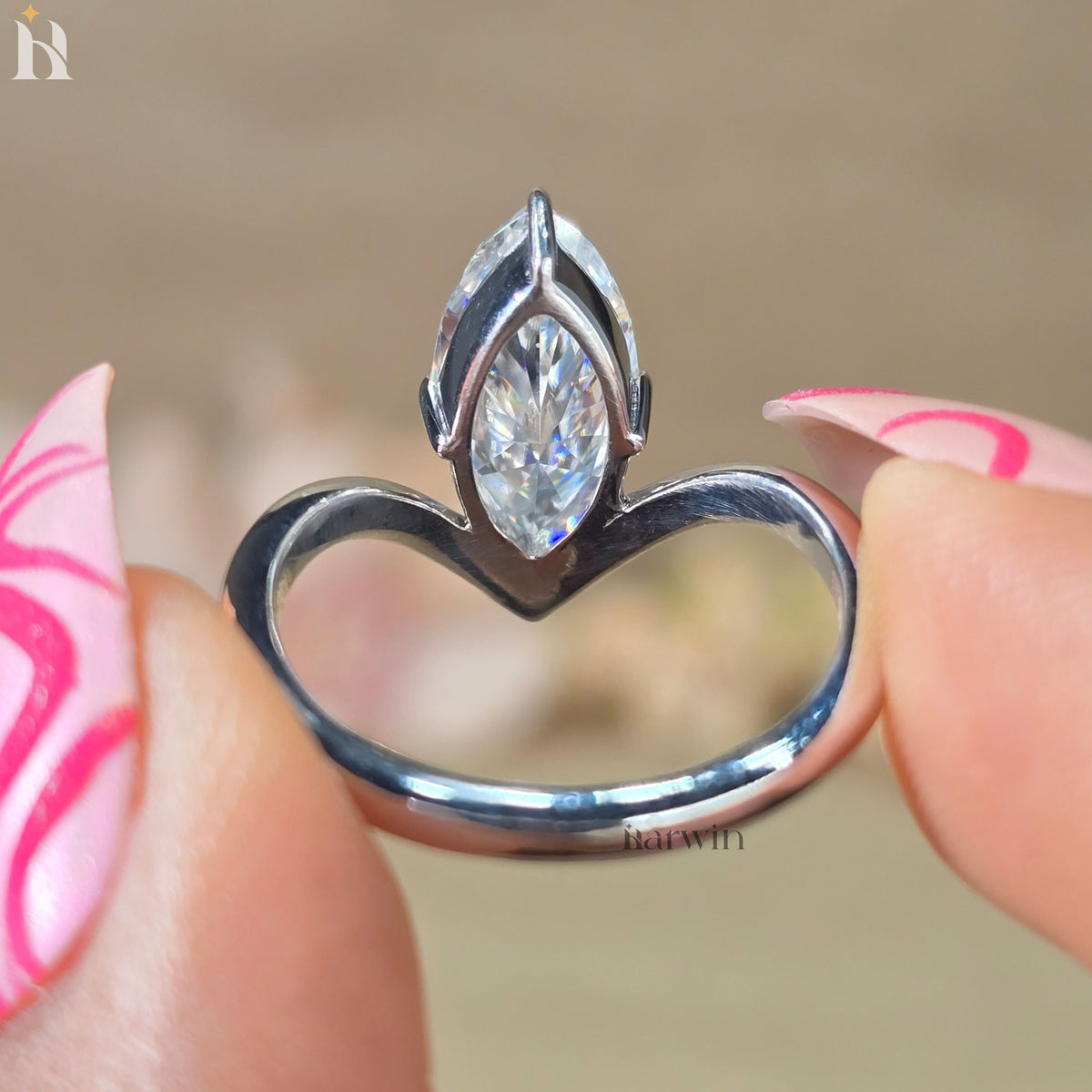 Marquise Cut Moissanite Engagement Ring, 14k Yellow Gold Chevron Band