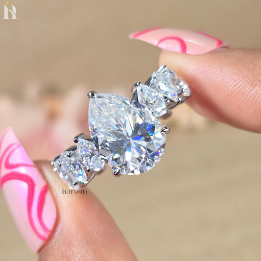 5CT Pear Cut Moissanite Engagement Ring, Side Stone Band, Unique Bridal Ring