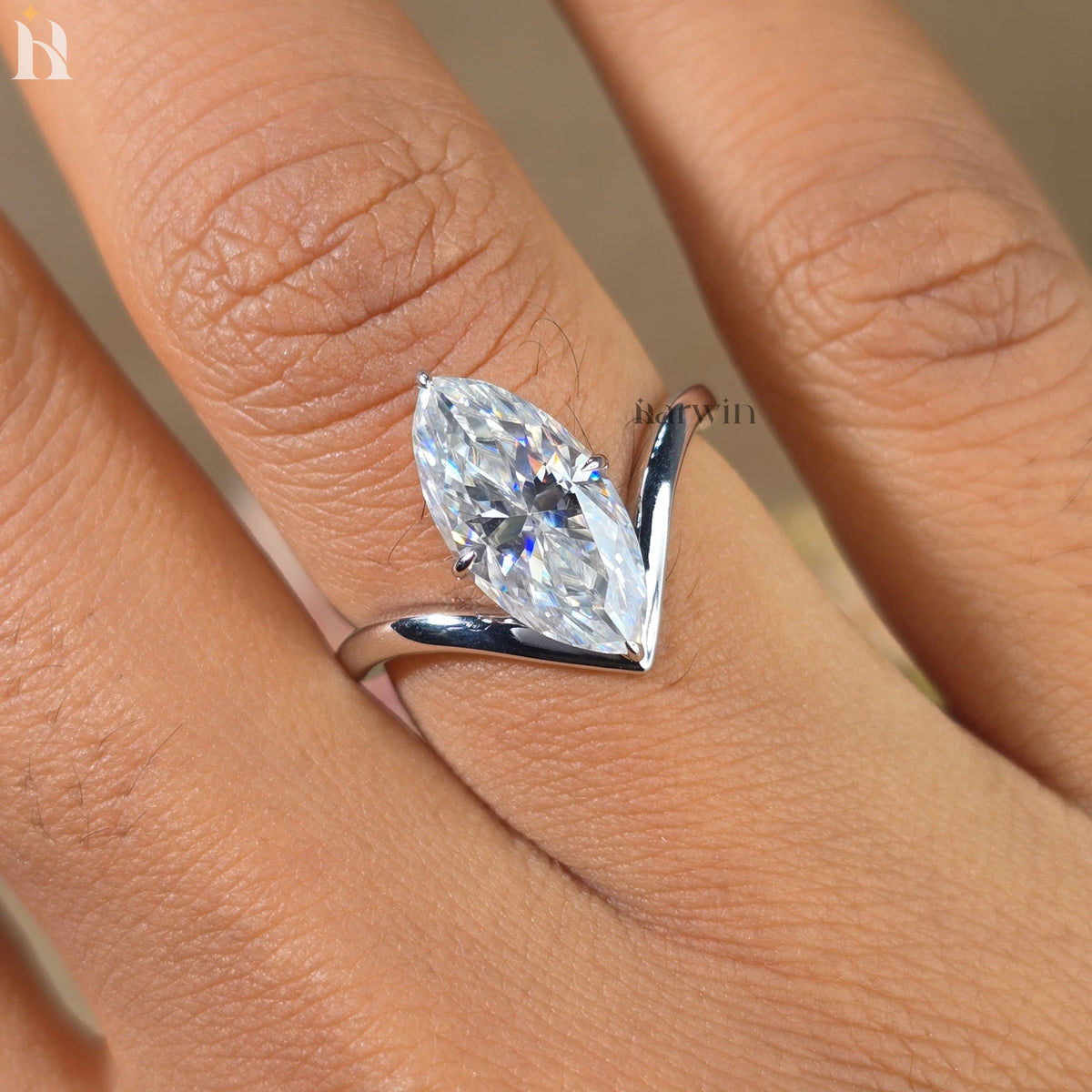 Marquise Cut Moissanite Engagement Ring, 14k Yellow Gold Chevron Band