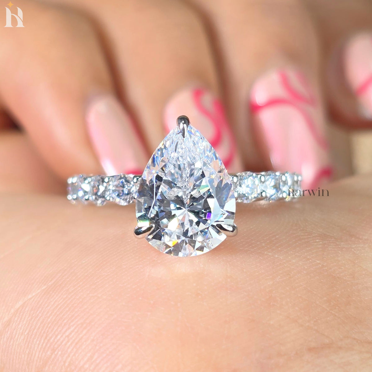 3.5 CT Pear Cut Moissanite Hidden Halo Ring and Round Cut Pave Set Band