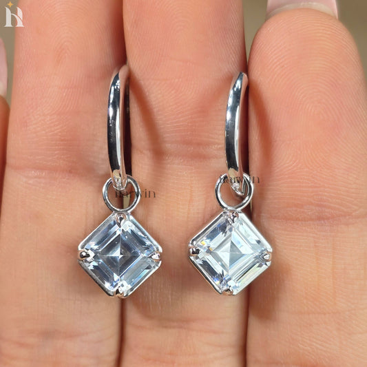 Asscher Cut Moissanite Diamond Earrings, Lever Back Hoop Dangle Drop Solitaire Earrings