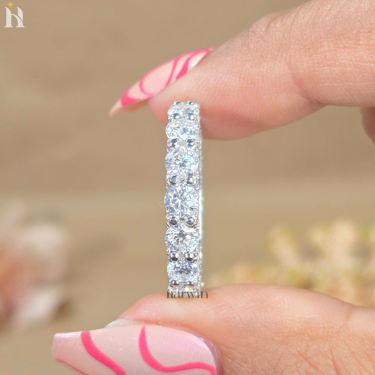 14k White Gold Moissanite Eternity Band | 4 mm Wide Wedding Ring